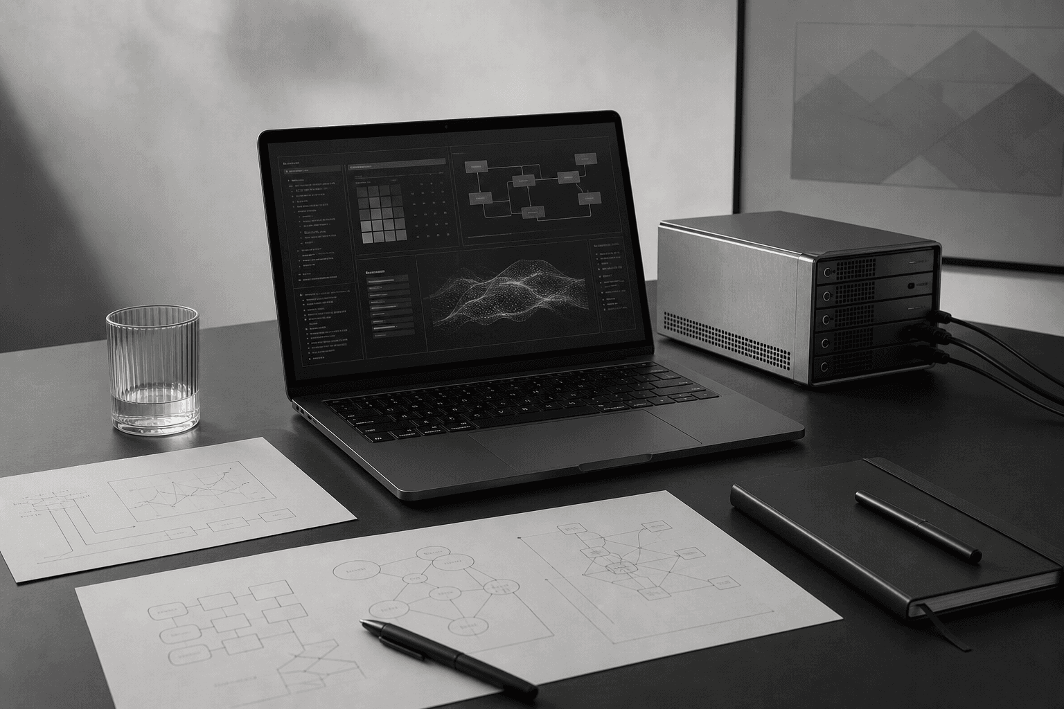 AI Venture Studio Workbench mit Produktflows, Datenlogik und technischen Skizzen