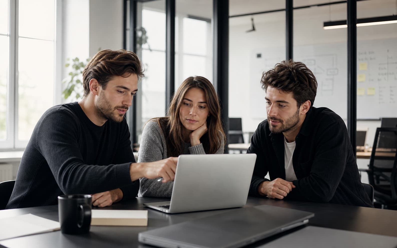Drei Gründer besprechen ein neues Startup-Projekt in einem modernen Büro
