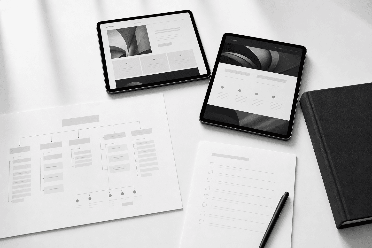 Launch-Artefakte eines Venture Builds mit Produkt, Funnel, Signalen und operativen Bausteinen